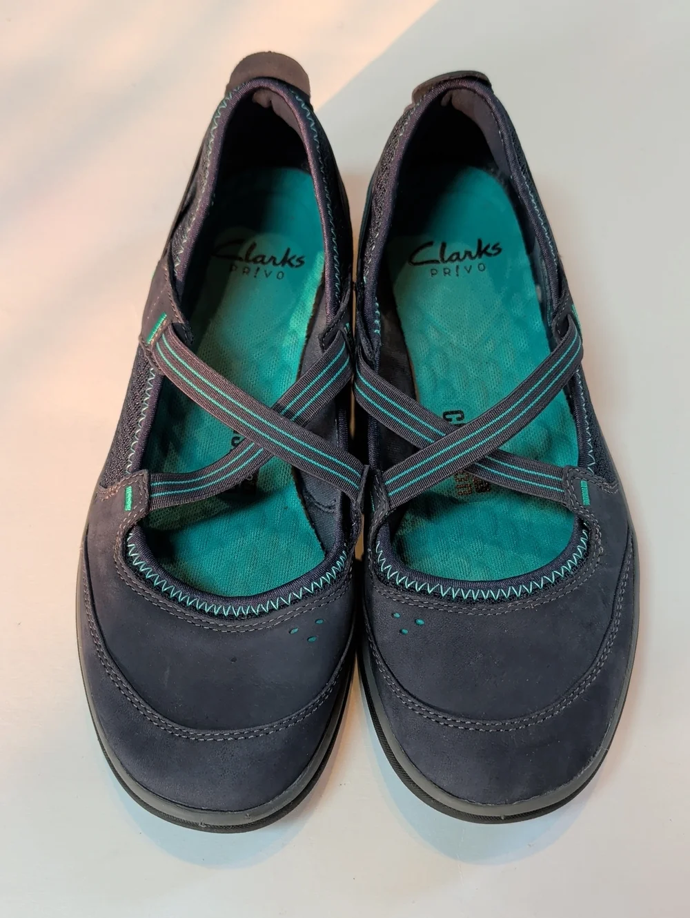 Clarks, Aria, Navy Leather Mary Jane Flats.